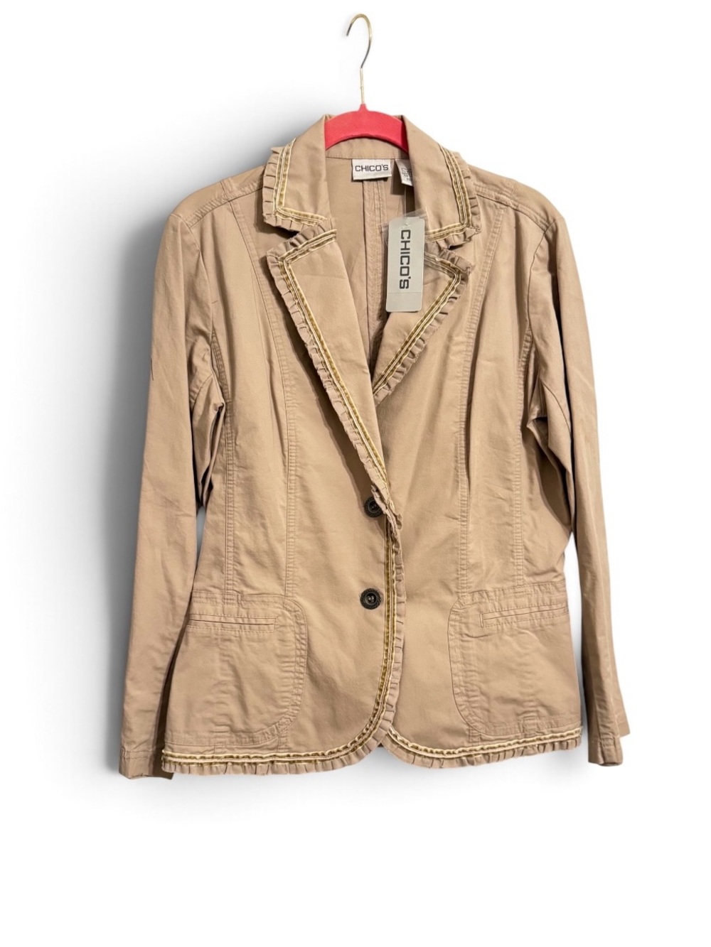 Chico's Tan Ruffle-Trim Cotton Blazer Jacket Size 1 NEW W/TAGS